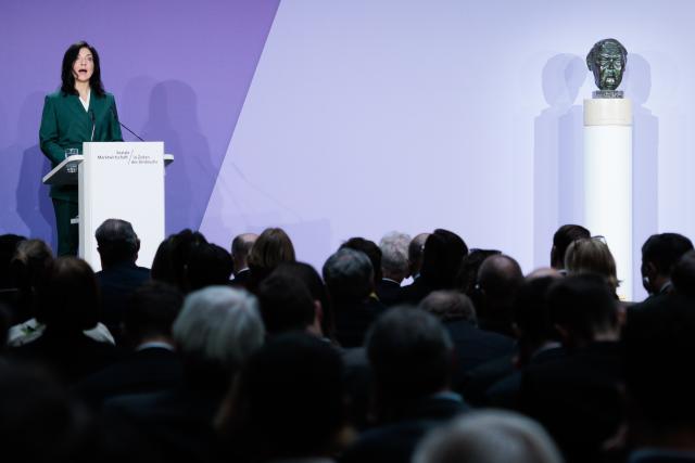 10 November 2025, Berlin: German Minister for Economic Affairs and Energy Katherina Reiche gives a keynote speech to participants at the economic policy symposium "Social market economy in times of upheaval - freedom, growth and resilience". Photo: Carsten Koall/dpa