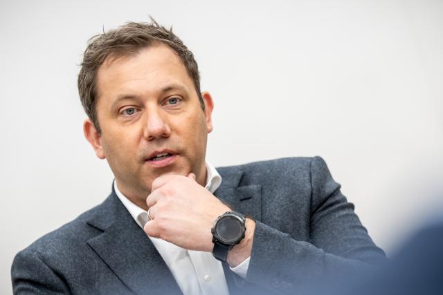 11 November 2025, Berlin: Lars Klingbeil, German Minister of Finance and Vice Chancellor, reacts during an interview with the German Press Agency (DPA). Photo: Michael Kappeler/dpa