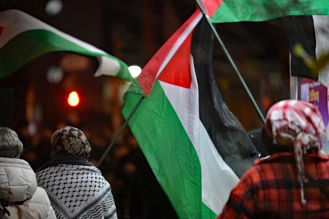 11 November 2025, Bavaria, Munich: Demonstrators hold Palestine flags during a protest against the performance of the Israel Philharmonic Orchestra with its music director Lahav Shani against the backdrop of the Gaza war. Photo: Malin Wunderlich/dpa