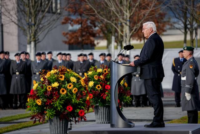 12 November 2025, Berlin: German President Frank-Walter Steinmeier speaks at the ceremonial pledge as a central event to mark the 70th anniversary of the German Armed Forces (Bundeswehr) at the Bundesforum. On 12 November 1955, the then Minister of Defense, Blank, presented the first 101 volunteers with their certificates of appointment to mark the founding of the Bundeswehr. Photo: Kay Nietfeld/dpa