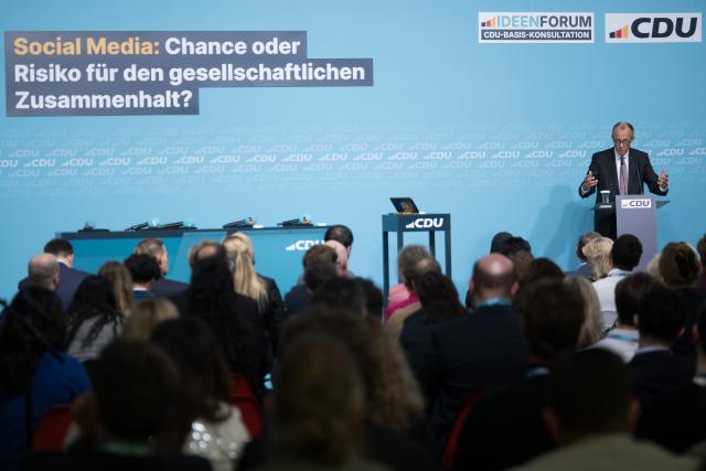 12 November 2025, Berlin: German Chancellor Friedrich Merz speaks during the Christian Democratic Union of Germany (CDU) discussion event on how to deal with social media. Photo: Sebastian Christoph Gollnow/dpa