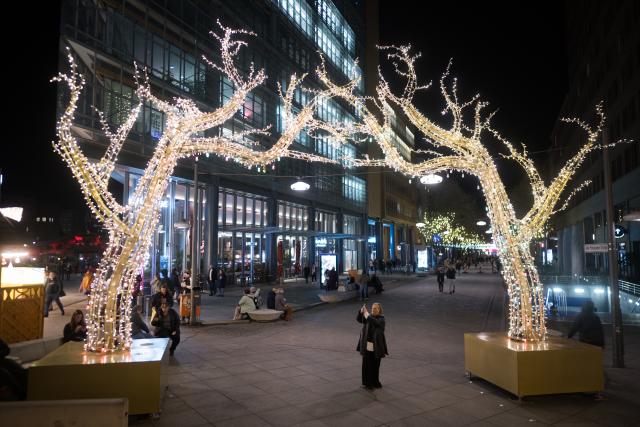 13 November 2025, Berlin: People walk under the lights at Potsdamer Platz after the start of the Christmas illuminations. Ten streets and squares around Potsdamer Platz are lit up for Christmas. Photo: Sebastian Christoph Gollnow/dpa