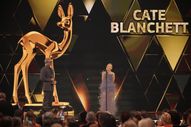 13 November 2025, Bavaria, Gruenwald: Australian actress Cate Blanchett receives a BAMBI in the category "Actress International" during the 77th Bambi Award Ceremony at the Bavaria Film Studios. Photo: Peter Kneffel/dpa