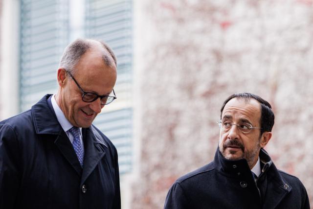 14 November 2025, Berlin: German Chancellor Friedrich Merz (L) receives the President of the Republic of Cyprus, Nikos Christodoulides, on his arrival at the Federal Chancellery. Photo: Carsten Koall/dpa