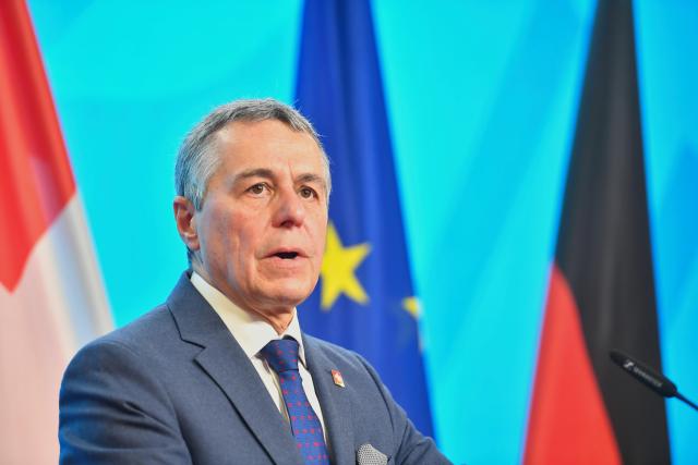 14 November 2025, Berlin: Swiss Foreign Minister Ignazio Cassis speaks at a press conference with German Foreign Minister Johann Wadephul (Not Pictured) at the Federal Foreign Office. Photo: Paul Zinken/dpa