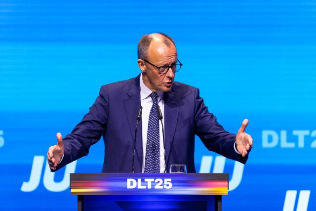15 November 2025, Baden-Württemberg, Rust: German Chancellor Friedrich Merz speaks at the Germany Day of the Junge Union (JU). The main topic of the three-day congress is likely to be the reform of the social systems. Photo: Philipp von Ditfurth/dpa