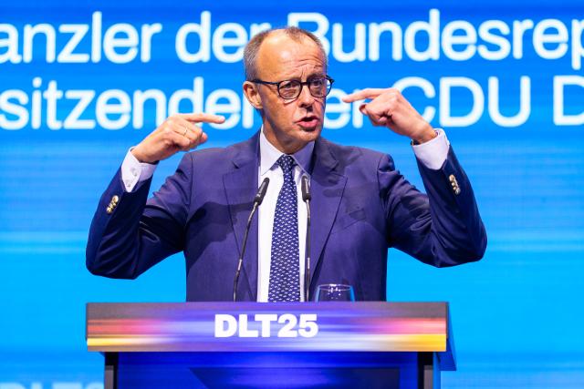 15 November 2025, Baden-Wuerttemberg, Rust: German Chancellor Friedrich Merz speaks at the Germany Day of the Junge Union (JU). The main topic of the three-day congress is likely to be the reform of the social systems. Photo: Philipp von Ditfurth/dpa