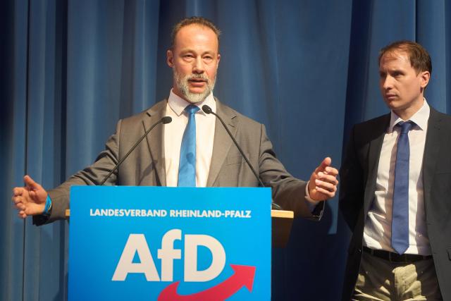 15 November 2025, Rhineland-Palatinate, Bingen: Jan Bollinger (L), parliamentary group leader in the state parliament and state chairman of the AfD, stands on stage with Frank Senger at the state party conference. The AfD wants to discuss and adopt its state election manifesto. The state election will take place in March 2026. Photo: Thomas Frey/dpa