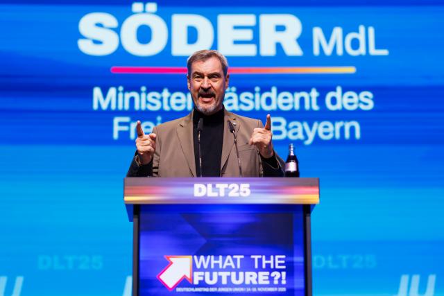 16 November 2025, Baden-Württemberg, Rust: Markus Soeder, Prime Minister of Bavaria, speaks at the German Congress of the Junge Union (JU). Photo: Philipp von Ditfurth/dpa