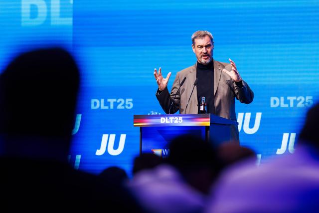 16 November 2025, Baden-Württemberg, Rust: Markus Soeder, Prime Minister of Bavaria, speaks at the German Congress of the Junge Union (JU). Photo: Philipp von Ditfurth/dpa