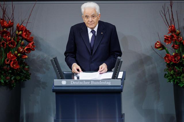 16 November 2025, Berlin: Italian President Sergio Mattarella, speaks in the German Parliament (Bundestag) during a commemoration ceremony for Germany's National day of mourning (Remembrance) Day. Photo: Carsten Koall/dpa