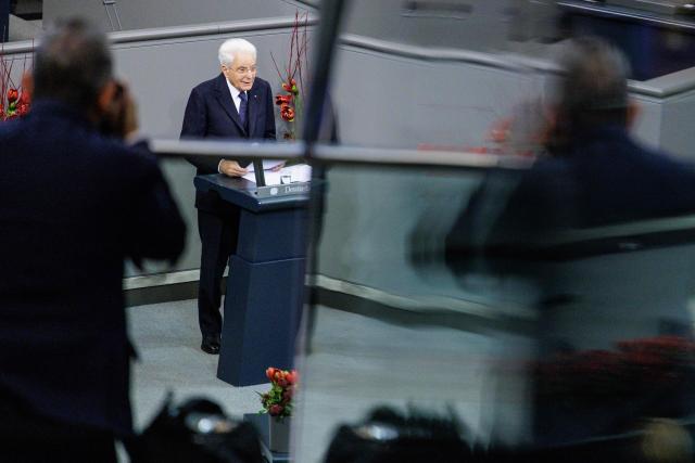 16 November 2025, Berlin: Italian President Sergio Mattarella, speaks in the German Parliament (Bundestag) during a commemoration ceremony for Germany's National day of mourning (Remembrance) Day. Photo: Carsten Koall/dpa