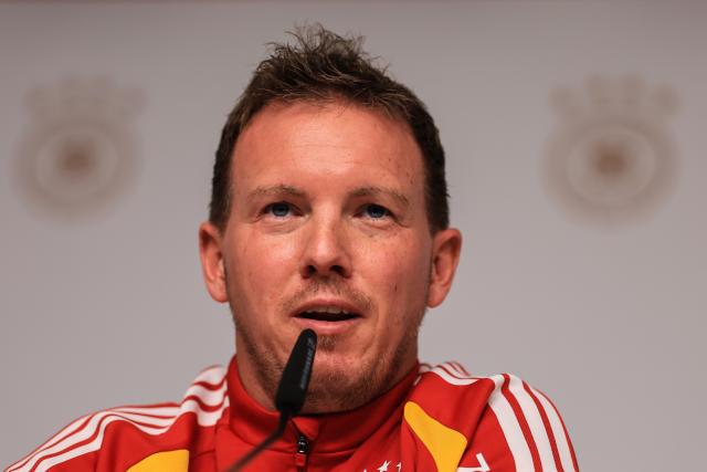 16 November 2025, Saxony, Leipzig: German head coach Julian Nagelsmann speaks during the team's press conference ahead of the FIFA World Cup European qualifying soccer match against Slovakia. Photo: Jan Woitas/dpa