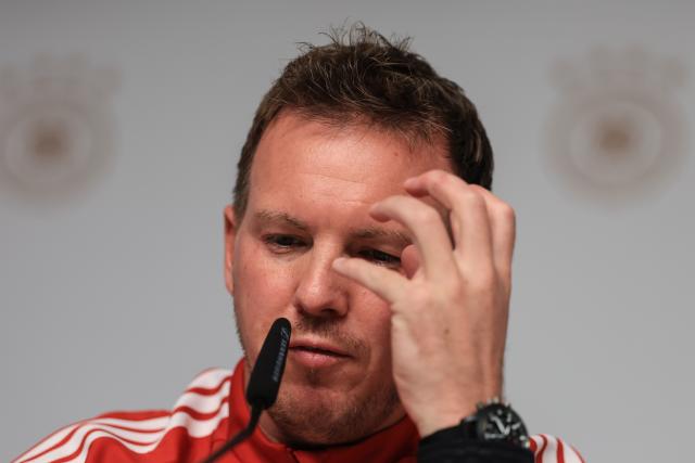 16 November 2025, Saxony, Leipzig: German head coach Julian Nagelsmann speaks during the team's press conference ahead of the FIFA World Cup European qualifying soccer match against Slovakia. Photo: Jan Woitas/dpa