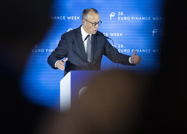 17 November 2025, Hesse, Frankfurt/Main: Germany's Chancellor Friedrich Merz speaks at the "Euro Finance Week" in Frankfurt. Photo: Boris Roessler/dpa