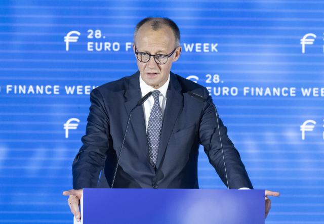 17 November 2025, Hesse, Frankfurt/Main: Germany's Chancellor Friedrich Merz speaks at the "Euro Finance Week" in Frankfurt. Photo: Boris Roessler/dpa