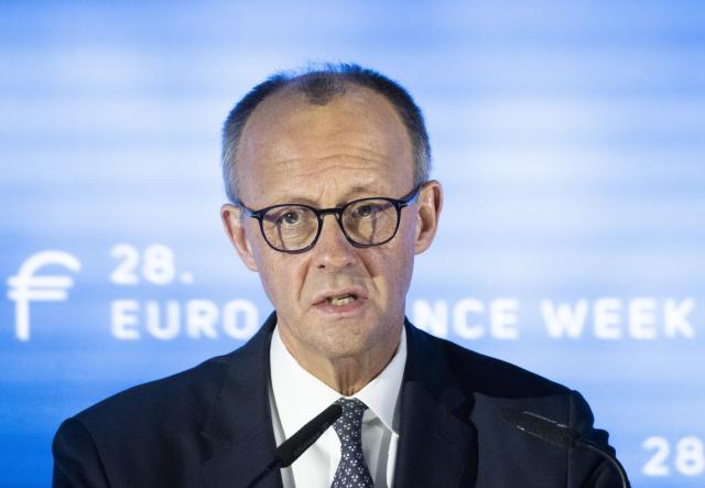 17 November 2025, Hesse, Frankfurt/Main: Germany's Chancellor Friedrich Merz speaks at the "Euro Finance Week" in Frankfurt. Photo: Boris Roessler/dpa