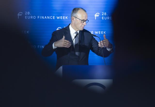 17 November 2025, Hesse, Frankfurt/Main: Germany's Chancellor Friedrich Merz speaks at the "Euro Finance Week" in Frankfurt. Photo: Boris Roessler/dpa