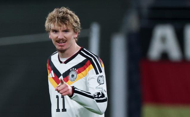 17 November 2025, Saxony, Leipzig: Germany's Nick Woltemade celebrates after scoring his side's first goal of the game during the FIFA World Cup European qualifying match between Germany and Slovakia at Red Bull Arena. Photo: Jan Woitas/dpa