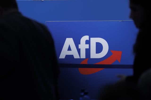FILED - 28 July 2023, Saxony-Anhalt, Magdeburg: Delegates walk in front of the party logo at the Alternative for Germany (AfD) federal party conference in Magdeburg. Photo: Carsten Koall/dpa