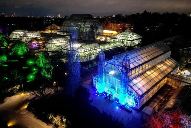 18 November 2025, Berlin: The illuminated tropical house before the opening of the "Christmas Garden" Christmas lights attraction in the Botanical Garden. The light shows of the illuminated Christmas adventure park can be visited until 11.01.2026. Photo: Britta Pedersen/dpa