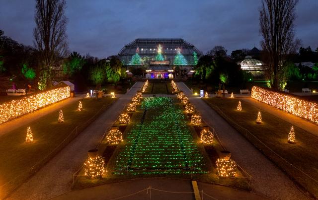 18 November 2025, Berlin: The illuminated tropical house before the opening of the "Christmas Garden" Christmas lights attraction in the Botanical Garden. The light shows of the illuminated Christmas adventure park can be visited until 11.01.2026. Photo: Britta Pedersen/dpa