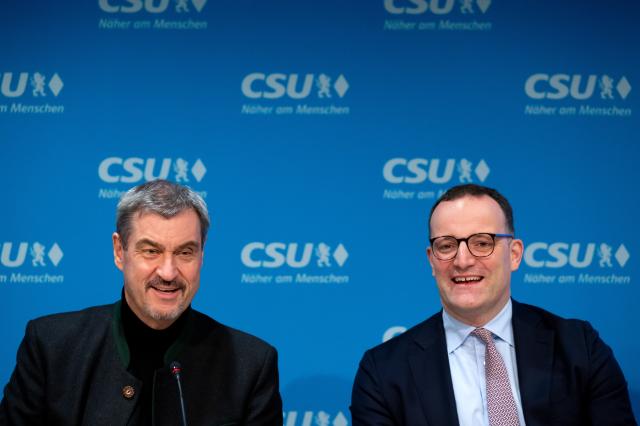 21 November 2025, Bavaria, Munich: Markus Soeder, Chairman of the Christial Social Union (CSU) and and Jens Spahn, CDU/CSU parliamentary group leader in the Bundestag, attend the closed meeting of the CSU party executive. Photo: Sven Hoppe/dpa