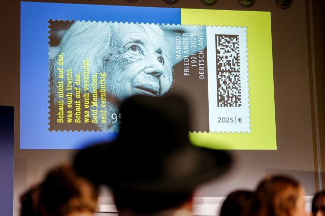 25 November 2025, Berlin: The special postage stamp in honor of Holocaust survivor Margot Friedlaender is presented at the Federal Ministry of Finance. Friedlaender lived from 1921-2025. Photo: Kay Nietfeld/dpa