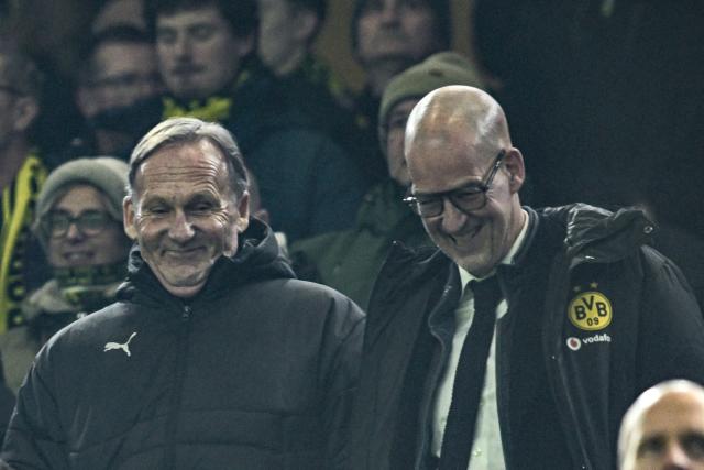 25 November 2025, North Rhine-Westphalia, Dortmund: Borussia Dortmund President Hans-Joachim Watzke and Carsten Cramer (R), Managing Director Marketing, stand in the stands ahead of the UEFA Champions League soccer match between Borussia Dortmund and FC Villarreal at Signal Iduna Park. Photo: Bernd Thissen/dpa
