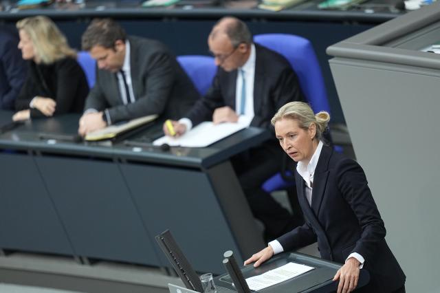 26 November 2025, Berlin: Alice Weidel, parliamentary group and federal leader of the AfD, speaks in the general debate on the budget in the Bundestag. The debates on the budget of the Chancellery are traditionally used as a general debate on the policies of the Federal Government. Photo: Michael Kappeler/dpa