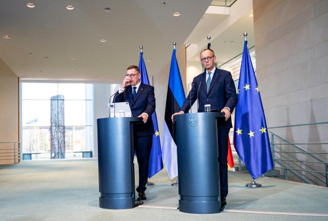27 November 2025, Berlin: German Chancellor Friedrich Merz and Kristen Michal, Prime Minister of Estonia, hold a joint press conference in Berlin. Photo: Fabian Sommer/dpa