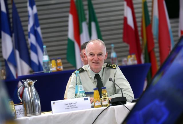 27 November 2025, Baden-Württemberg, Ulm: Dutch Lieutenant General Michiel van der Laan, the EU's highest military representative, sits during a meeting of the European Union's military commanders at the Wilhelmsburg barracks. Photo: Karl-Josef Hildenbrand/dpa