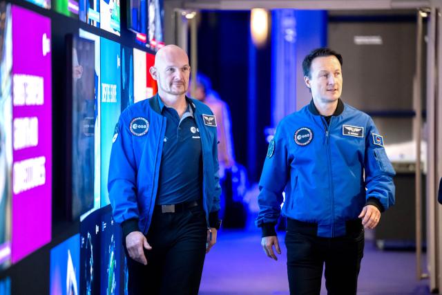 27 November 2025, Bremen: Astronauts Alexander Gerst (L) and Matthias Maurer attend the ESA Ministerial Council meeting. Photo: Sina Schuldt/dpa