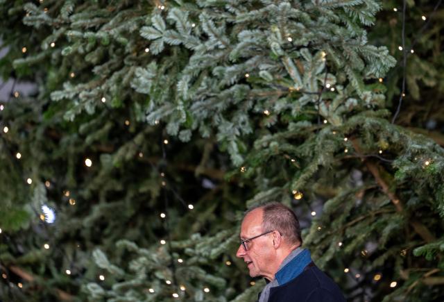 28 November 2025, Berlin: German Chancellor Friedrich Merz takes part in the handover of the Christmas tree for the Federal Chancellery. The 45-year-old tree comes from a forest in Plettenberg in the Sauerland region. Photo: Michael Kappeler/dpa