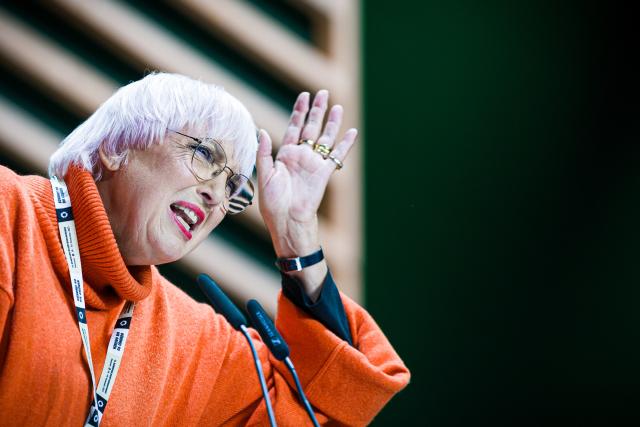 28 November 2025, Lower Saxony, Hanover: Alliance 90/The Greens spokesperson for economic cooperation and development Claudia Roth speaks at the federal party conference of Alliance 90/The Greens. Photo: Moritz Frankenberg/dpa