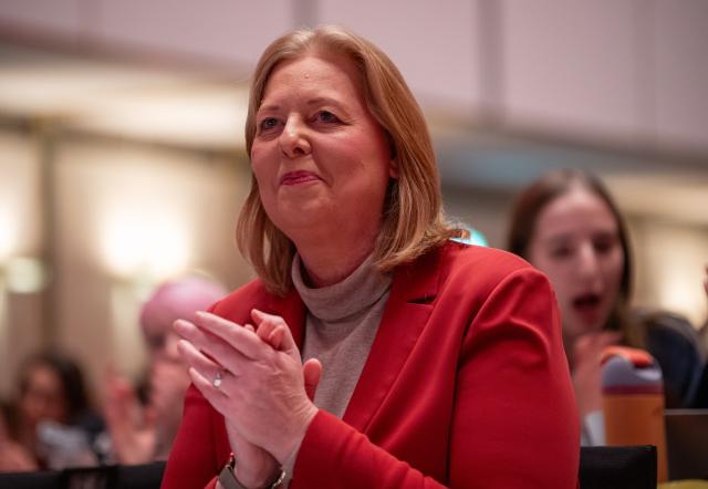 29 November 2025, Baden-Württemberg, Mannheim: German Minister of Labor and SPD party leader Baerbel Bas sits in the audience on the second day of the national congress of the Young Socialists (Jusos) in Mannheim. Photo: Harald Tittel/dpa
