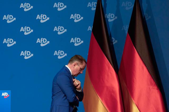 29 November 2025, Hesse, Giessen: Co-chair of the Alternative for Germany (AfD) parliamentary group Tino Chrupalla (AfD) leaves the podium at the founding meeting of the new AfD youth organization. Photo: Thomas Frey/dpa