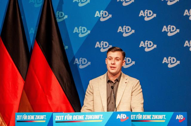 29 November 2025, Hesse, Giessen: Jean-Pascal Hohm, head of the new Alternative for Germany (AfD) youth organization "Generation Deutschland", speaks at the founding meeting of the new AfD youth organization. Photo: Andreas Arnold/dpa