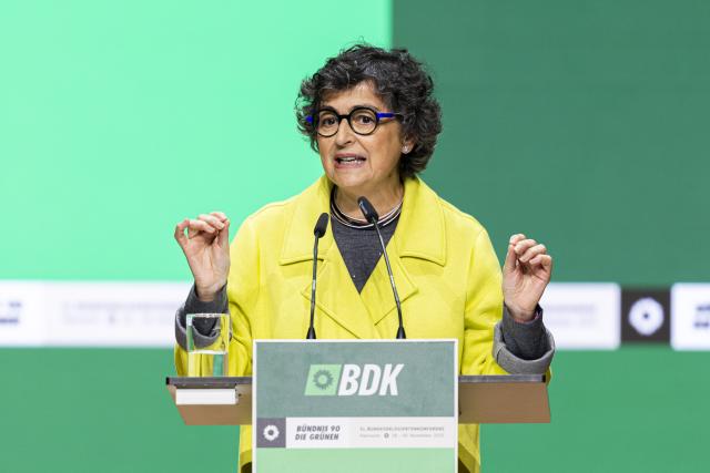29 November 2025, Lower Saxony, Hanover: Former Spanish Foreign Minister Arancha Gonzalez Laya speaks during the federal party conference of of Alliance 90/The Greens. Photo: Michael Matthey/dpa
