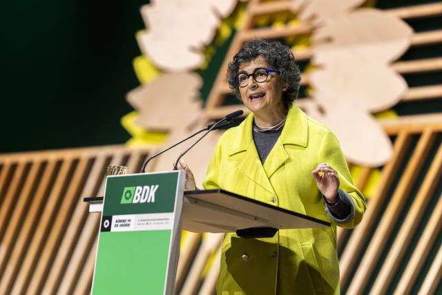 29 November 2025, Lower Saxony, Hanover: Former Spanish Foreign Minister Arancha Gonzalez Laya speaks during the federal party conference of of Alliance 90/The Greens. Photo: Michael Matthey/dpa