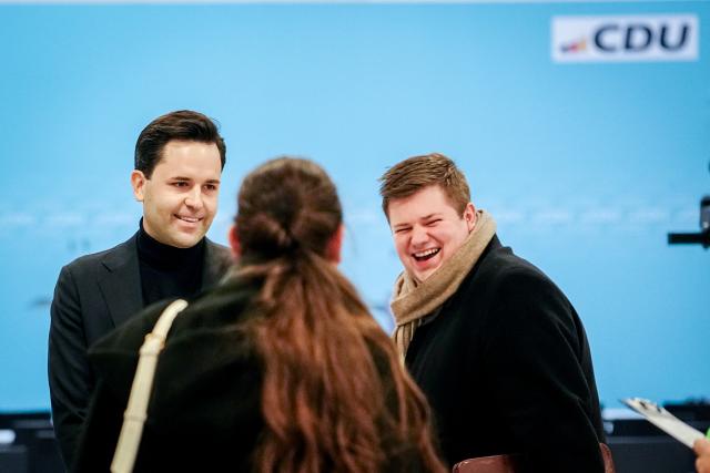 01 December 2025, Berlin: Johannes Winkel (L), Chairman of the Junge Union (JU), and Johannes Volkmann (R), CDU Member of Parliament, attend the CDU Federal Executive Committee meeting at the Konrad Adenauer House. Photo: Kay Nietfeld/dpa