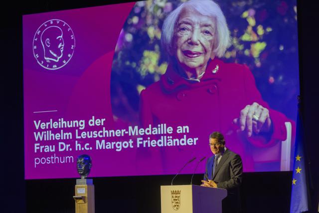 01 December 2025, Hesse, Frankfurt_Main: Hessian Minister President Boris Rhein (CDU) speaks during the event for the posthumous awarding of the Wilhelm Leuschner Medal to late Holocaust survivor Friedlaender. Photo: Helmut Fricke/dpa