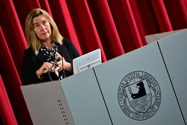 FILED - 07 November 2025, Berlin: Former EU High Representative for Foreign Affairs Federica Mogherini speaks during the first "Europaeum Annual Lecture" at Freie University of Berlin. Photo: Sebastian Gollnow/dpa