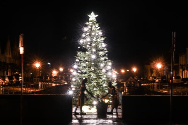 FILED - 30 November 2025, Weener: A floating Christmas tree is seen at the old harbor in Weener, with the "Törfwieven" monument in the foreground. The memorial honors the hard work of these women and preserves the memory of the town's once-vibrant port activity. Photo: Lars Penning/dpa