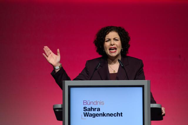 06 December 2025, Saxony-Anhalt, Magdeburg: Sahra Wagenknecht Alliance (BSW) Chairwoman Amira Mohamed Ali addresses the delegates at the 3rd Federal Party Conference of the "Sahra Wagenknecht Alliance" party. Photo: Klaus-Dietmar Gabbert/dpa
