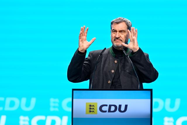 06 December 2025, Baden-Wuerttemberg, Heidelberg: Markus Soeder, Minister President of Bavaria, speaks at the Christian Democratic Union (CDU) Baden-Wuerttemberg party conference in the Congress Center. Photo: Uwe Anspach/dpa