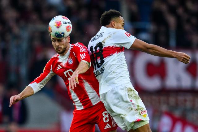 06 December 2025, Baden-Württemberg, Stuttgart: Bayern Munich's Leon Goretzka (L) in action against VfB Stuttgart's Jamie Leweling during the German Bundesliga socce rmatch between VfB Stuttgart and FC Bayern Munich at the MHPArena. Photo: Tom Weller/dpa - IMPORTANT NOTICE: DFL and DFB regulations prohibit any use of photographs as image sequences and/or quasi-video.