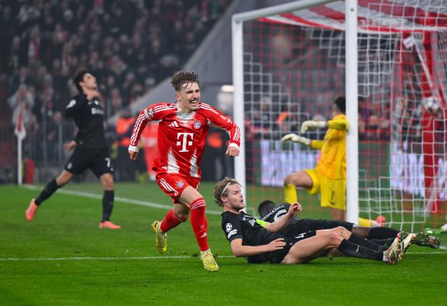 09 December 2025, Bavaria, Munich: Bayern Munich's Lennart Karl celebrates scoring his side's second goal during the UEFA Champions League soccer match between Bayern Munich and Sporting Lisbon at the Allianz Arena. Photo: Sven Hoppe/dpa