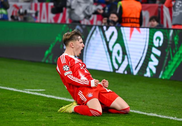 09 December 2025, Bavaria, Munich: Bayern Munich's Lennart Karl celebrates scoring his side's second goal during the UEFA Champions League soccer match between Bayern Munich and Sporting Lisbon at the Allianz Arena. Photo: Sven Hoppe/dpa