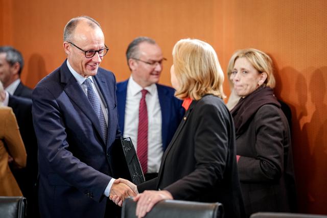 10 December 2025, Berlin: German Chancellor Friedrich Merz and Baerbel Bas, Federal Minister of Labor and Social Affairs and SPD party chairwoman, attend the meeting of the German Cabinet in the German Chancellery. Photo: Kay Nietfeld/dpa
